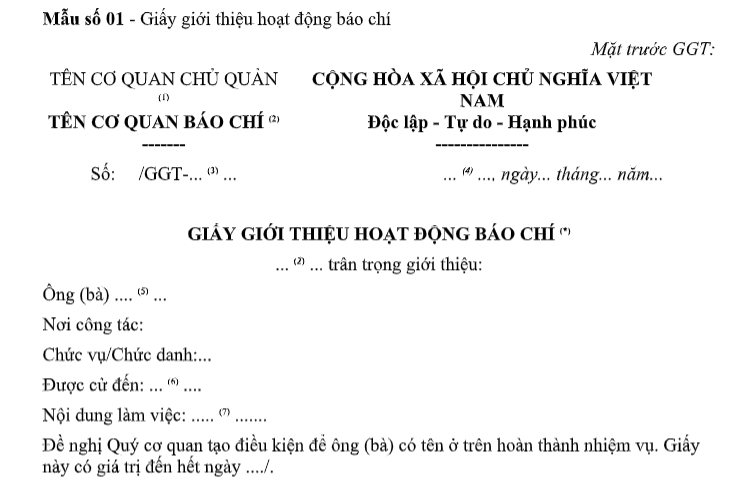 Mẫu Giấy giới thiệu hoạt động báo chí có dạng nào theo Thông tư 13/2026/TT-BVHTTDL? Tải về Mẫu số 01 Thông tư 13?