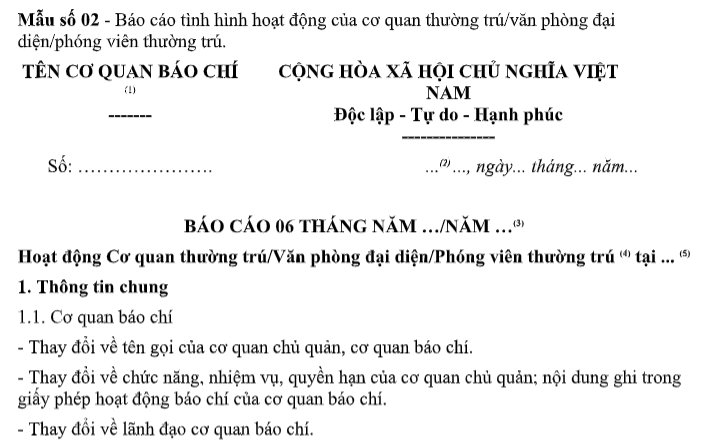 Tải Mẫu Báo cáo tình hình hoạt động của cơ quan thường trú, văn phòng đại diện, cử phóng viên thường trú theo Thông tư 13?