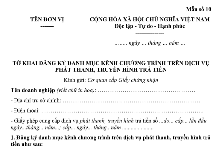 Mẫu Tờ khai đăng ký danh mục kênh chương trình trên dịch vụ phát thanh, truyền hình trả tiền là mẫu nào? Tải Mẫu số 10 Nghị định 242?