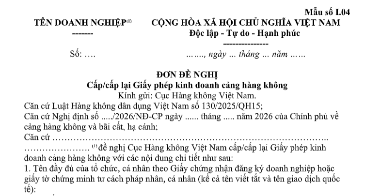 Mẫu Đơn đề nghị cấp Giấy phép kinh doanh cảng hàng không từ 01/7/2026 là mẫu nào? Tải Mẫu số I.04 Nghị định 205?
