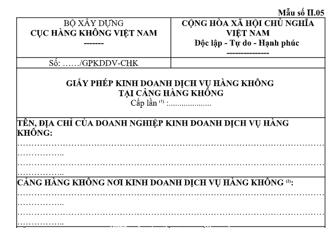 Mẫu Giấy phép kinh doanh dịch vụ hàng không tại cảng hàng không là mẫu nào? Tải về?
