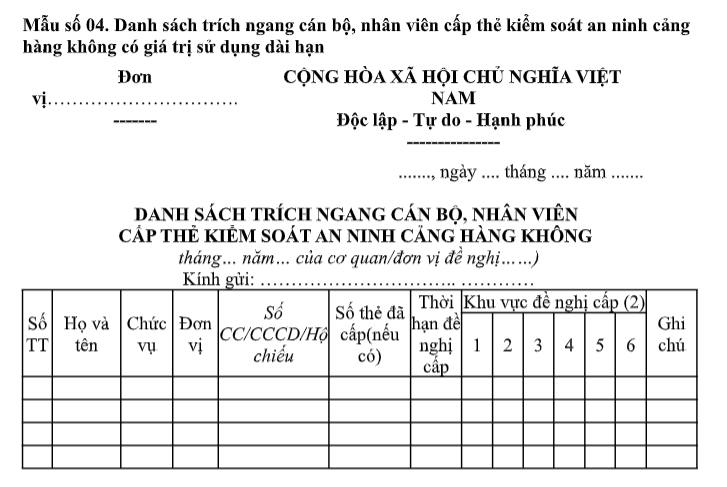 Tải Mẫu Danh sách trích ngang cán bộ, nhân viên cấp thẻ kiểm soát an ninh cảng hàng không có giá trị sử dụng dài hạn?