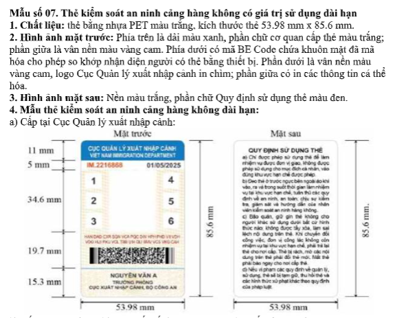 Mẫu thẻ kiểm soát an ninh cảng hàng không có giá trị sử dụng dài hạn có dạng như thế nào?