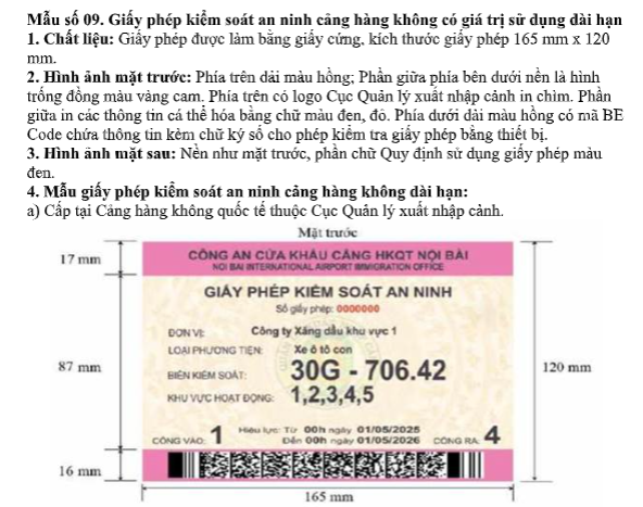 Mẫu Giấy phép kiểm soát an ninh cảng hàng không có giá trị sử dụng dài hạn có dạng như thế nào?