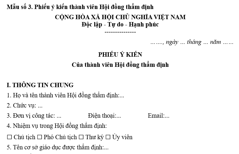 Mẫu Phiếu ý kiến thành viên Hội đồng thẩm định việc đáp ứng yêu cầu công nhận trường đạt chuẩn quốc gia?