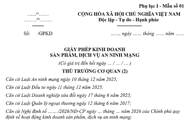 Mẫu Giấy phép kinh doanh sản phẩm, dịch vụ an ninh mạng là mẫu nào? Tải về?