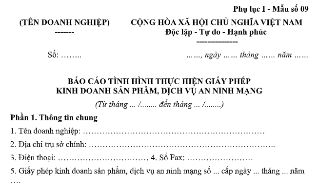 Tải về mẫu Báo cáo tình hình thực hiện giấy phép kinh doanh sản phẩm, dịch vụ an ninh mạng theo Nghị định 332?