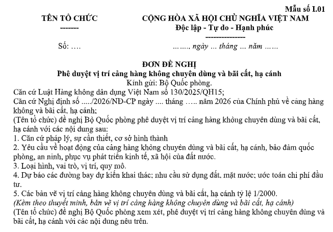 Tải Mẫu Đơn đề nghị phê duyệt vị trí cảng hàng không chuyên dùng và bãi cất, hạ cánh ở đâu? Tải mẫu Mẫu số I.01 theo Nghị định 205?