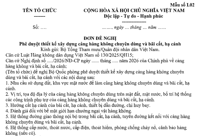 Mẫu Đơn đề nghị phê duyệt thiết kế xây dựng cảng hàng không chuyên dùng và bãi cất, hạ cánh là mẫu nào theo Nghị định 205? Tải về?