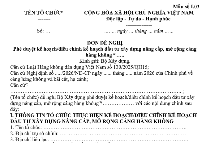 Mẫu Đơn đề nghị phê duyệt kế hoạch đầu tư xây dựng nâng cấp, mở rộng cảng hàng không là mẫu nào? Tải về?