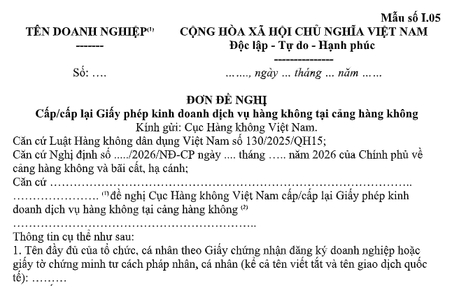 Mẫu Đơn đề nghị cấp Giấy phép kinh doanh dịch vụ hàng không tại cảng hàng không