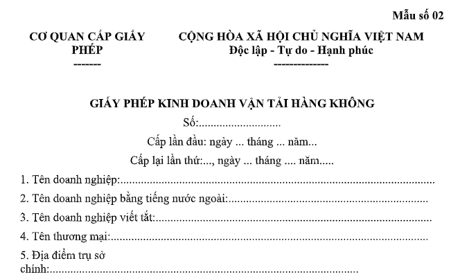 Mẫu Giấy phép kinh doanh vận tải hàng không chuyên dùng là mẫu nào? Tải về?