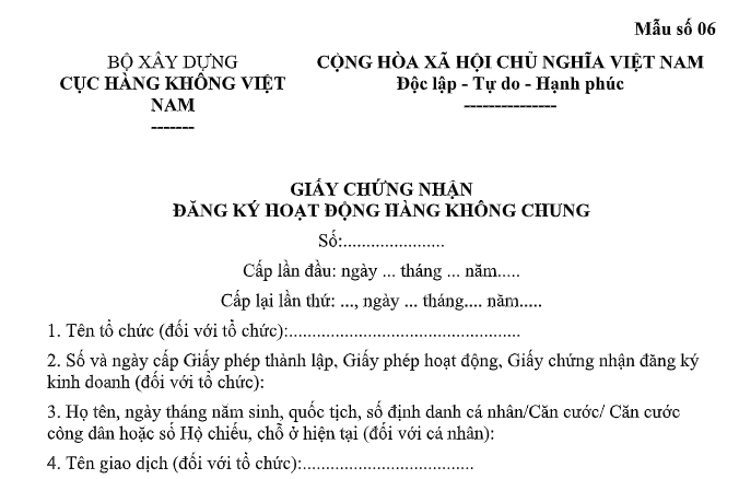 Tải về mẫu Giấy chứng nhận đăng ký hoạt động hàng không chung từ 01/7/2026 theo Nghị định 208/2026/NĐ-CP ở đâu?
