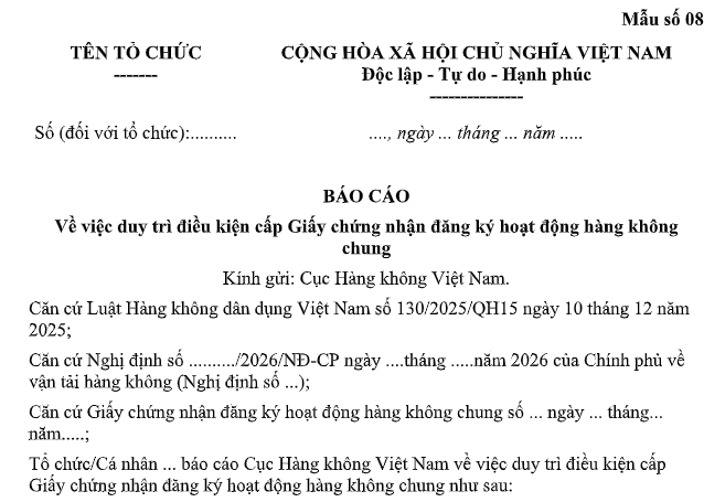 Tải Mẫu Báo cáo về việc duy trì các điều kiện cấp Giấy chứng nhận đăng ký hoạt động hàng không chung theo Nghị định 208 ở đâu?
