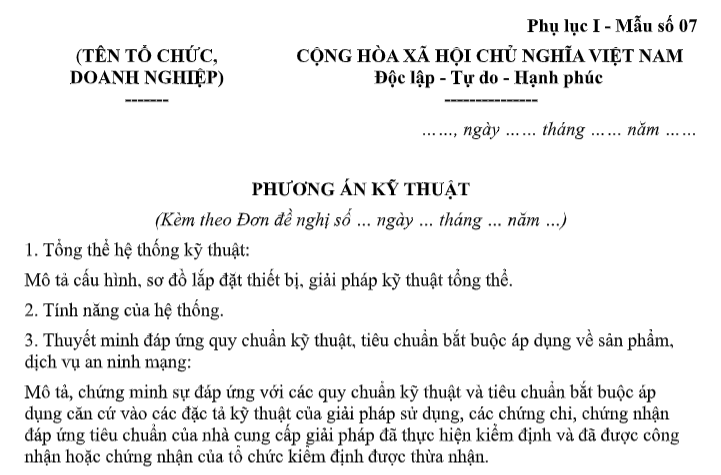 Tải về Mẫu phương án kỹ thuật dùng để cấp giấy phép kinh doanh sản phẩm, dịch vụ an ninh mạng theo Nghị định 332?