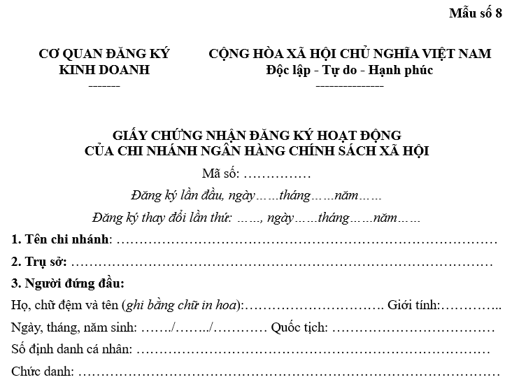 Mẫu Giấy chứng nhận đăng ký hoạt động của chi nhánh Ngân hàng Chính sách xã hội là mẫu nào theo Thông tư 106? Tải về?