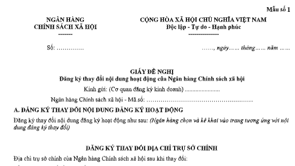 Mẫu Giấy đề nghị đăng ký thay đổi nội dung đăng ký hoạt động của Ngân hàng Chính sách xã hội là mẫu nào?