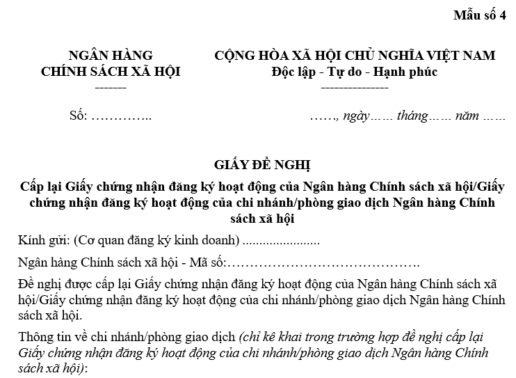 Tải về mẫu Giấy đề nghị cấp lại Giấy chứng nhận đăng ký hoạt động của Ngân hàng Chính sách xã hội theo Thông tư 106?