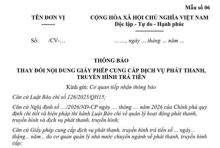 Tải Mẫu Thông báo thay đổi nội dung Giấy phép cung cấp dịch vụ phát thanh, truyền hình trả tiền theo Nghị định 242/2026/NĐ-CP ở đâu?