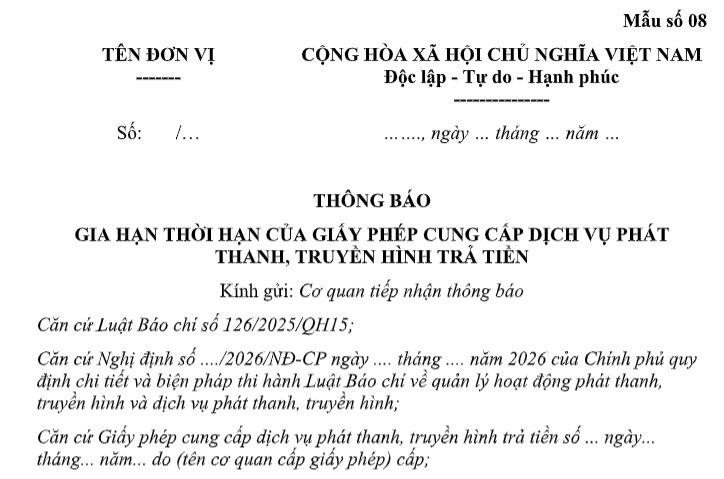 Tải về Mẫu Thông báo gia hạn thời hạn của Giấy phép cung cấp dịch vụ phát thanh, truyền hình trả tiền theo Nghị định 242 ở đâu?