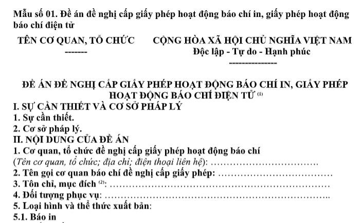 Tải Mẫu Đề án đề nghị cấp giấy phép hoạt động báo chí in, giấy phép hoạt động báo chí điện tử theo Thông tư 20?