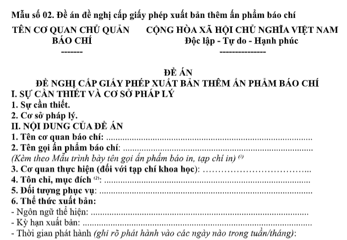 Mẫu Đề án đề nghị cấp giấy phép xuất bản thêm ấn phẩm báo chí từ 01/7/2026 là mẫu nào theo Thông tư 20? Tải về?