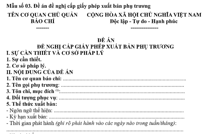 Tải về Mẫu Đề án đề nghị cấp giấy phép xuất bản phụ trương từ 01/7/2026 theo Thông tư 20/2026/TT-BVHTTDL ở đâu?