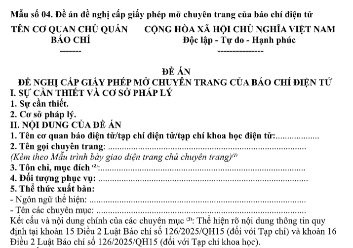 Tải Mẫu Đề án đề nghị cấp giấy phép mở chuyên trang của báo chí điện tử theo Thông tư 20/2026/TT-BVHTTDL ở đâu?