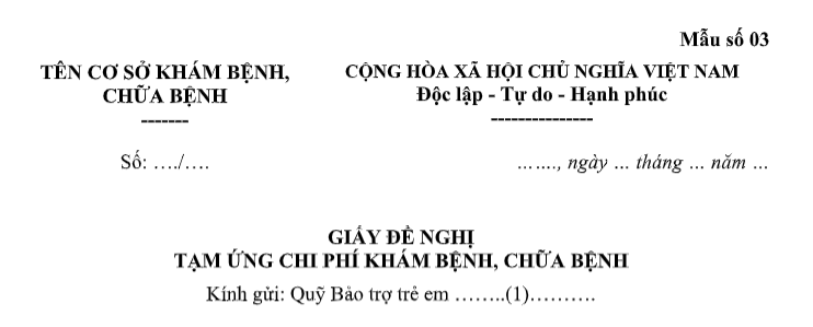 mẫu giấy đề nghị tạm ứng chi phí từ quỹ bảo trợ trẻ em