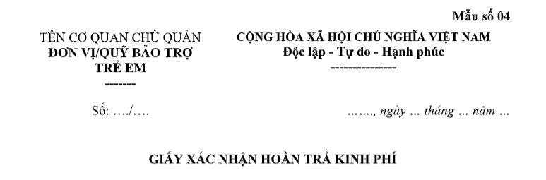 mẫu hoàn kinh phí quỹ bảo trợ trẻ em