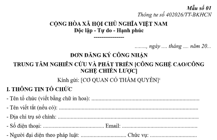 Đơn đăng ký công nhận Trung tâm nghiên cứu và phát triển công nghệ cao
