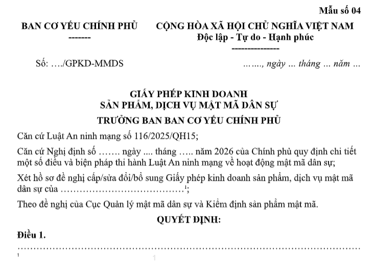 Mẫu Giấy phép kinh doanh sản phẩm, dịch vụ mật mã dân sự từ 01/9/2026 là mẫu nào theo Nghị định 341? Tải về?