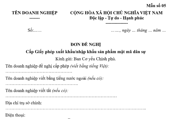 Mẫu Đơn đề nghị cấp Giấy phép xuất khẩu nhập khẩu sản phẩm mật mã dân sự từ 01/9/2026 là mẫu nào theo Nghị định 341? Tải về?