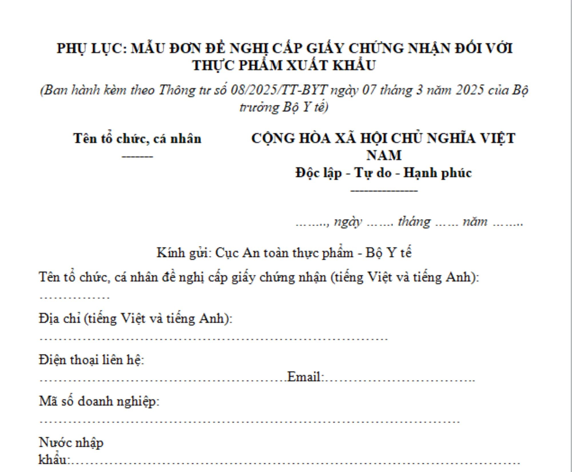 mẫu đơn đề nghị cấp giấy chứng nhận sản xuất thực phẩm xuất khẩu dành cho cơ sở sản xuất thực phẩm xuất khẩu