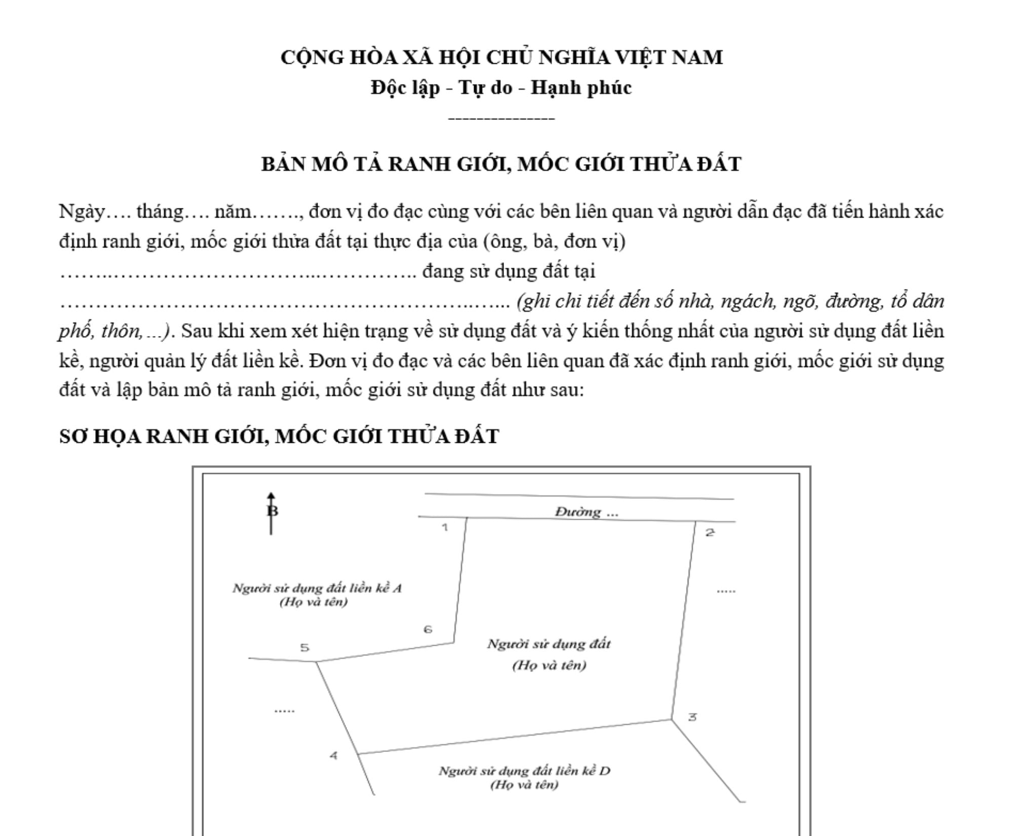 mẫu bản mô tả ranh giới thửa đất