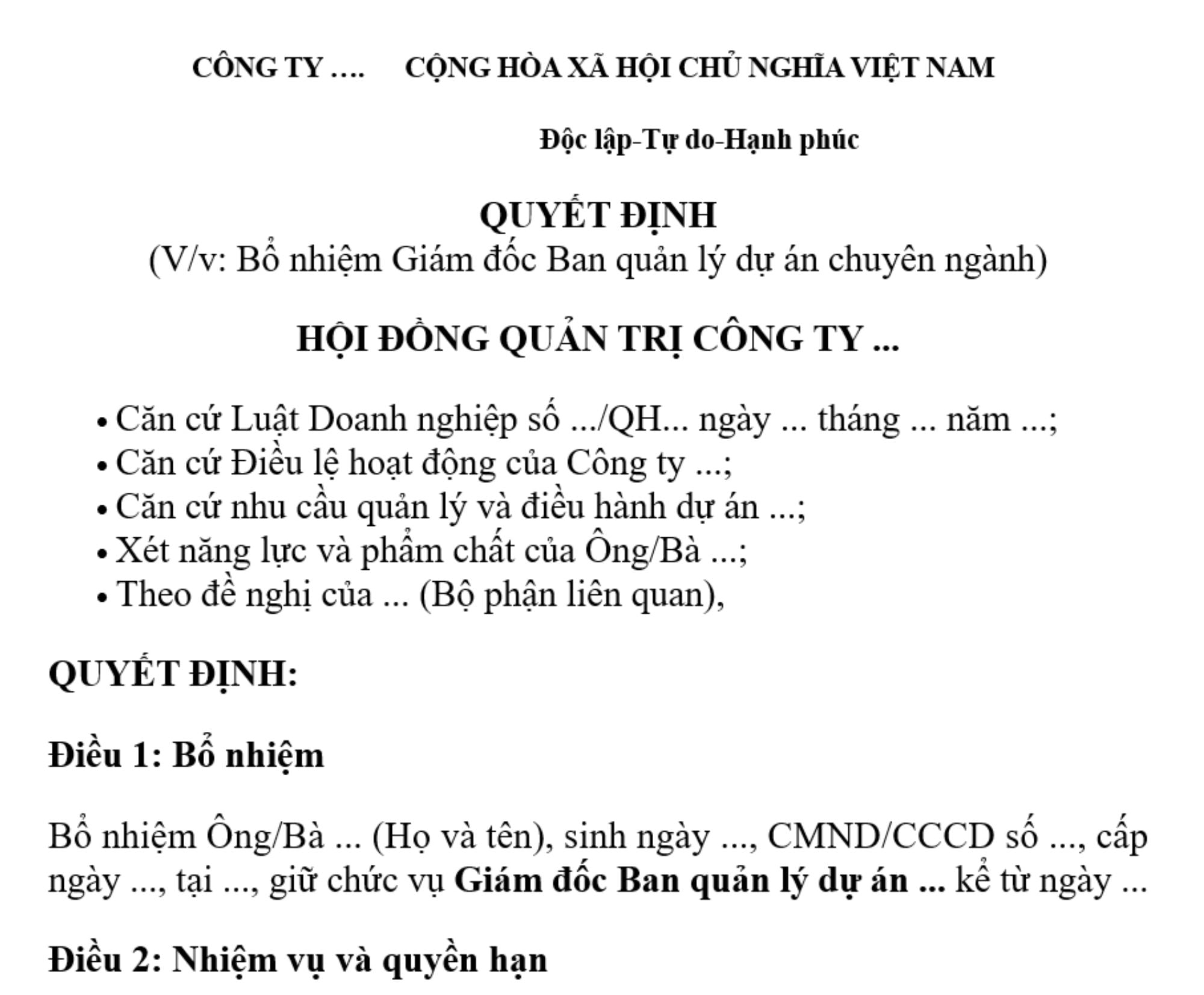 Mẫu quyết định bổ nhiệm Giám đốc Ban quản lý dự án đầu tư xây dựng