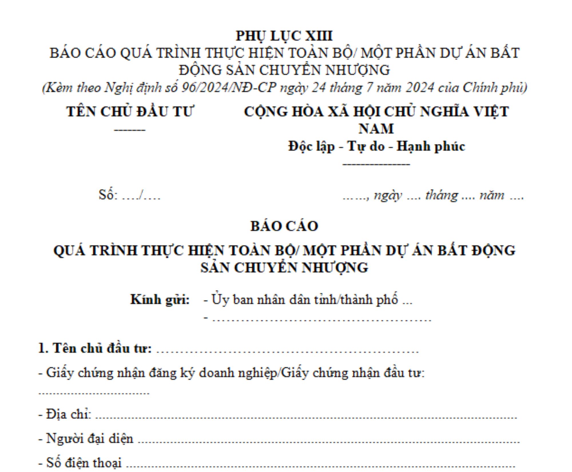 mẫu báo cáo quá trình thực hiện toàn bộ dự án bất động sản chuyển nhượng mới nhất