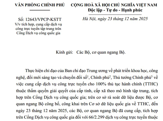 12643 Toàn văn Công văn 12643/VPCP-KSTT về việc tích hợp cung cấp dịch vụ ...