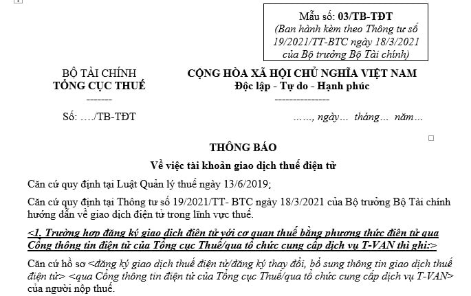 Mẫu thông báo về việc tài khoản giao dịch thuế điện tử?
