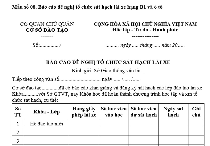 Mẫu báo cáo đề nghị tổ chức sát hạch lái xe hạng B1 và ô tô? Tải về?