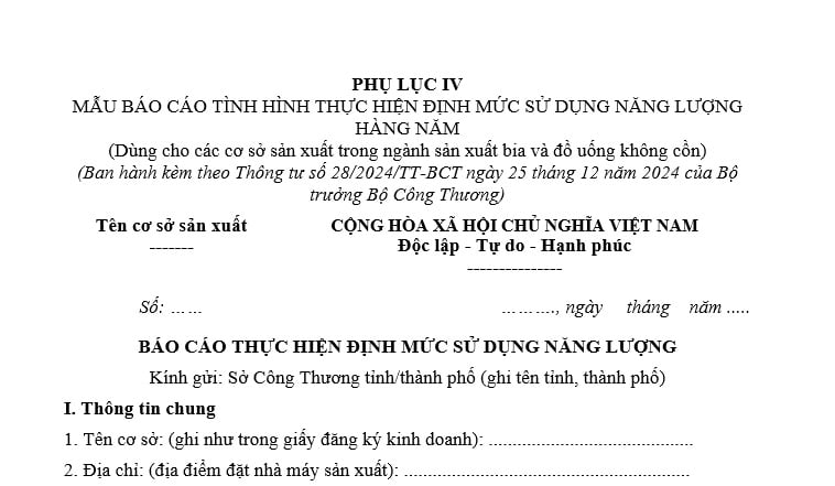 Mẫu báo cáo tình hình thực hiện định mức sử dụng năng lượng hằng năm dành cho cơ sở sản xuất bia và đồ uống không cồn?