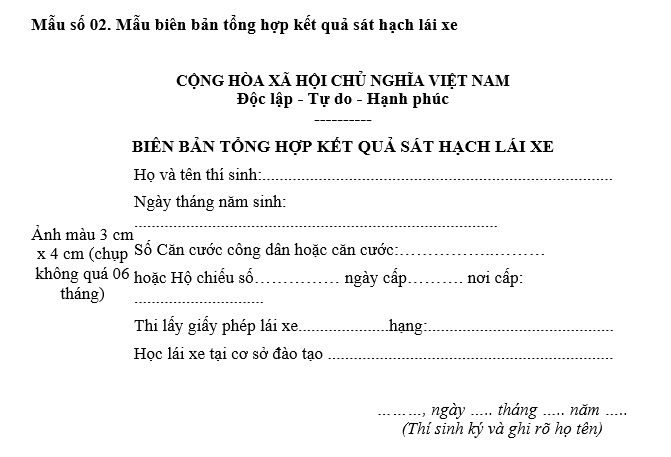 Mẫu biên bản tổng hợp kết quả sát hạch lái xe đối với thí sinh dự sát hạch xe mô tô hạng A và A1