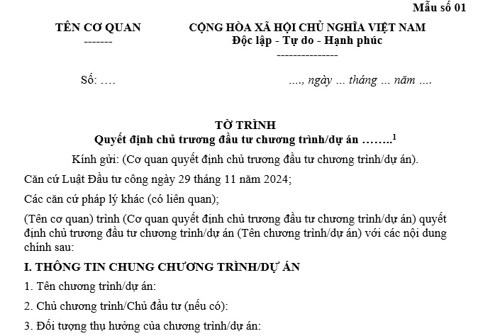 Mẫu tờ trình quyết định chủ trương đầu tư chương trình/dự án đầu tư công mới nhất theo Nghị định 85? Tải về?