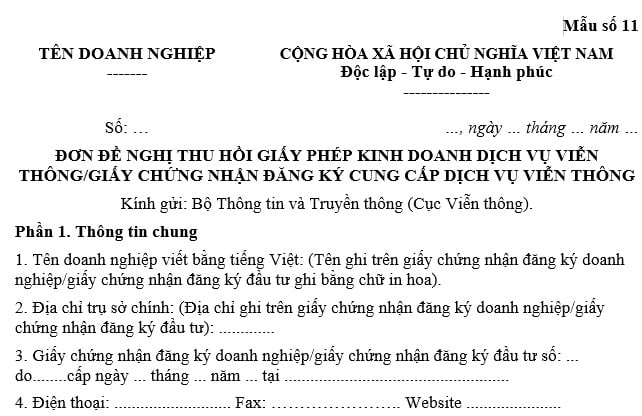 Mẫu đơn đề nghị thu hồi giấy phép kinh doanh dịch vụ viễn thông/giấy chứng nhận đăng ký cung cấp dịch vụ viễn thông