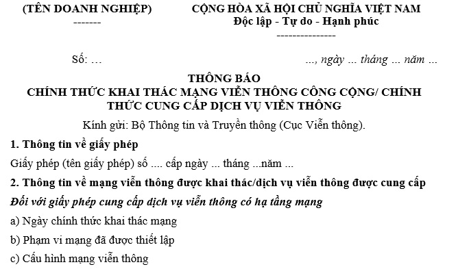 Mẫu thông báo chính thức khai thác mạng viễn thông công cộng, chính thức cung cấp dịch vụ viễn thông? Tải về?