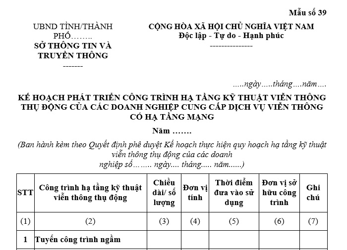 Kế hoạch phát triển công trình hạ tầng kỹ thuật viễn thông thụ động của các doanh nghiệp cung cấp dịch vụ viễn thông có hạ tầng mạng? Tải về?