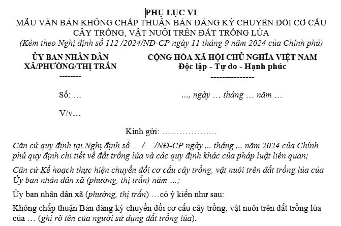 Mẫu văn bản không chấp thuận bản đăng ký chuyển đổi cơ cấu cây trồng, vật nuôi trên đất trồng lúa? Tải về?