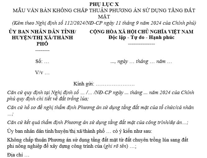 Mẫu văn bản không chấp thuận phương án sử dụng tầng đất mặt mới nhất theo Nghị định 112? Tải về?