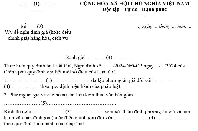 Mẫu văn bản đề nghị định giá (hoặc điều chỉnh giá) của tổ chức, cá nhân kinh doanh hàng hóa dịch vụ? Tải về?