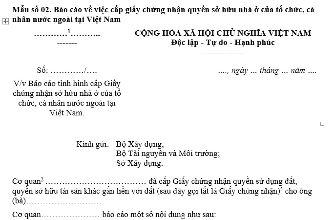 Hướng dẫn điền báo cáo về việc cấp giấy chứng nhận quyền sở hữu nhà ở của tổ chức, cá nhân nước ngoài tại Việt Nam? Tải về mẫu?